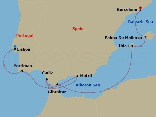 Route map: Lisbon, Portugal → Portimao, Portugal → Motril, Spain → Cadiz  Seville, Spain → Gibraltar → Ibiza, Spain → Palma Majorca, Spain → Barcelona, Spain