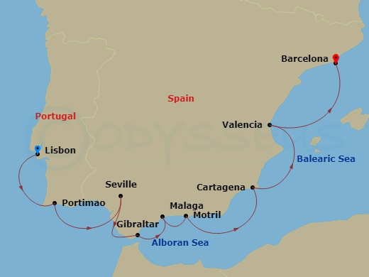 Route map: Lisbon → Portimao → Seville → Gibraltar → Malaga → Granada (Motril) → Cartagena → Valencia → Barcelona