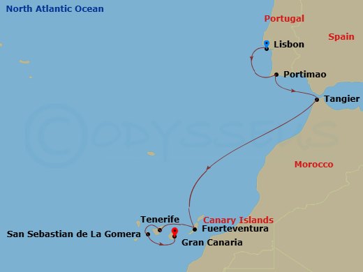 Route map: Lisbon → Portimao → Tangier → Fuerteventura, Canary Islands → Tenerife, Canary Islands → San Sebastian De La Gomera → Gran Canaria, Canary Islands