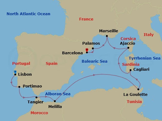 Route map: Lisbon → Portimao → Tangier → Melilla → Tunis (La Goulette) → Cagliari (Sardinia) → Ajaccio (Corsica) → Marseille → Palamos → Barcelona