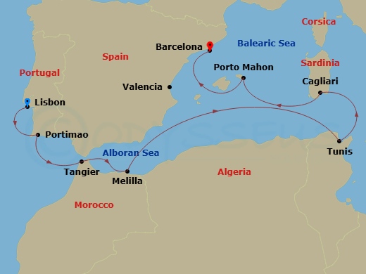 Route map: Lisbon → Portimao → Tangier → Melilla → Tunis (La Goulette) → Cagliari (Sardinia) → Porto Mahon → Valencia → Barcelona
