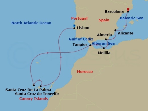 Route map: Lisbon → Santa Cruz De Tenerife → Santa Cruz De La Palma → Tangier → Melilla → Almeria → Alicante → Barcelona