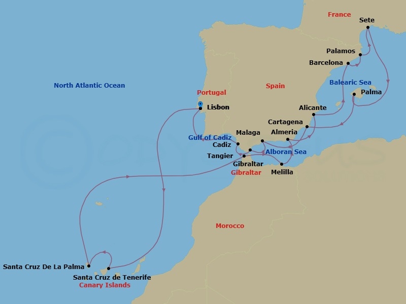 Route map: Lisbon → Santa Cruz De Tenerife → Santa Cruz De La Palma → Tangier → Melilla → Almeria → Alicante → Barcelona → Palamos → Sete