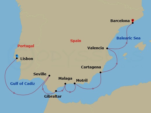 Route map: Lisbon → Seville → Gibraltar → Malaga → Granada (Motril) → Cartagena → Valencia → Barcelona