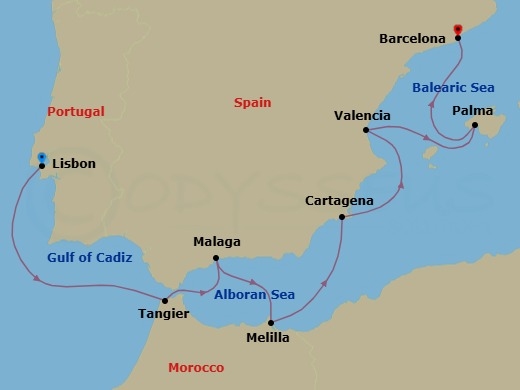 Route map: Lisbon → Tangier → Malaga → Melilla → Cartagena → Valencia → Palma De Mallorca → Barcelona