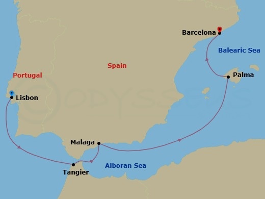 Route map: Lisbon (Cascais) Portugal → Tangier (Tetouan) Morocco → Malaga (Granada) Spain → Palma de Mallorca (Baleari Is) Spain → Barcelona Spain