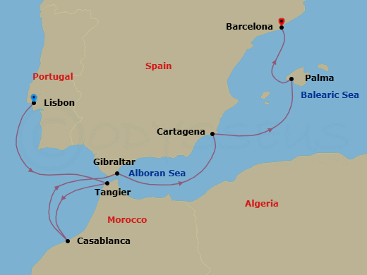 Route map: Lisbon, Portugal → Tangier, Morocco → Casablanca, Morocco → Gibraltar, United Kingdom → Cartagena, Spain → Palma De Mallorca, Spain → Barcelona, Spain