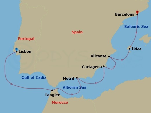 Route map: Lisbon, Portugal → Tangier, Morocco → Motril, Spain → Cartagena  Spain → Alicante, Spain → Ibiza, Spain → Barcelona, Spain