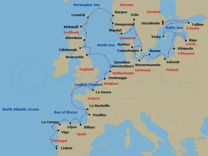 Route map: Lisbon → Santiago De Compostela (Vigo) → La Coruna → Gijon → Bilbao → Bordeaux (Pauillac) → La Rochelle → Paris (Le Havre) → Bruges (Zeebrugge) → Ijmuiden