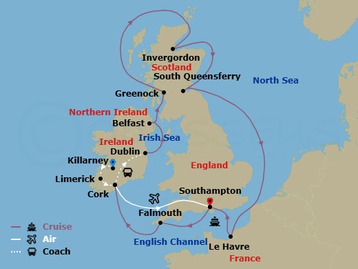 Route map: Limerick, Ireland → Killarney, Ireland → Cork, Ireland (Ringaskiddy - For Blarney Castle) → Southampton (for London), England → Cornwall (Falmouth), England → Cork, Ireland (Cobh - For Blarney Castle) → Dublin (Dun Laoghaire), Ireland → Belfast, Northern Ireland → Glasgow (Greenock), Scotland → Invergordon, Scotland