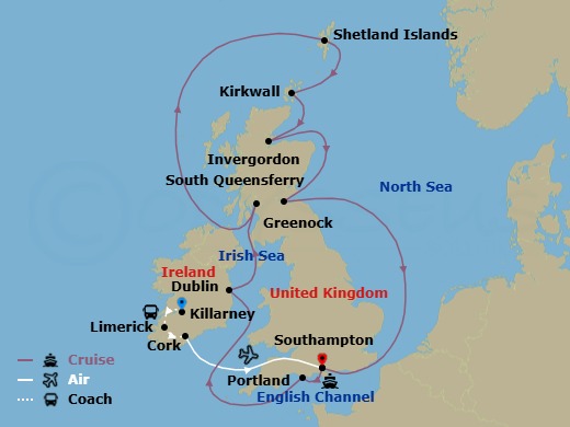 Route map: Limerick, Ireland → Killarney, Ireland → Cork, Ireland (Ringaskiddy - For Blarney Castle) → Southampton (for London), England → Portland, England → Dublin (Dun Laoghaire), Ireland → Glasgow (Greenock), Scotland → Shetland Islands (Lerwick), Scotland → Orkney Islands (Kirkwall), Scotland → Invergordon, Scotland