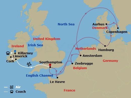 Route map: Limerick, Ireland → Killarney, Ireland → Cork, Ireland (Ringaskiddy - For Blarney Castle) → Southampton (for London), England → Zeebrugge (for Brussels/Bruges), Belgium → Amsterdam, Netherlands → Copenhagen, Denmark → Aarhus, Denmark → Hamburg, Germany (for Berlin) → Le Havre (for Paris/Normandy), France