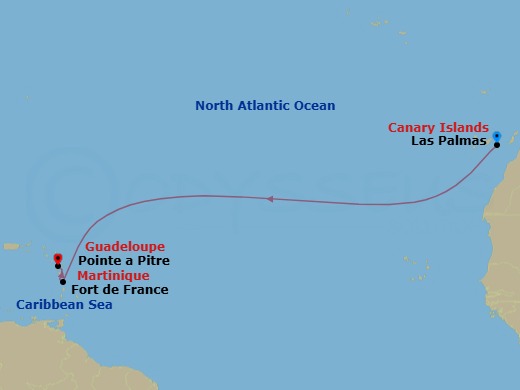 Route map: Las Palmas (Canary Islands) → Martinique (Antilles) → Guadeloupe (Antilles)