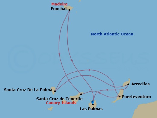 Route map: Las Palmas (Gran Canaria) → Funchal (Madeira) → Santa Cruz (Tenerife) → Pt Rosario (Fuerteventura) → STCRUZ DE LA PALMA → Arrecife (Lanzarote) → Las Palmas (Gran Canaria)