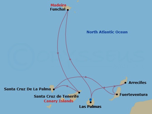 Route map: Las Palmas (Gran Canaria) → Funchal (Madeira) → Santa Cruz (Tenerife) → STCRUZ DE LA PALMA → Pt Rosario (Fuerteventura) → Arrecife (Lanzarote) → Las Palmas (Gran Canaria)