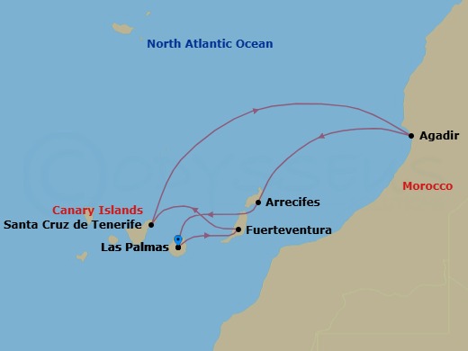 Route map: Las Palmas (Gran Canaria) → Pt Rosario (Fuerteventura) → Santa Cruz (Tenerife) → Agadir → Arrecife (Lanzarote) → Las Palmas (Gran Canaria)