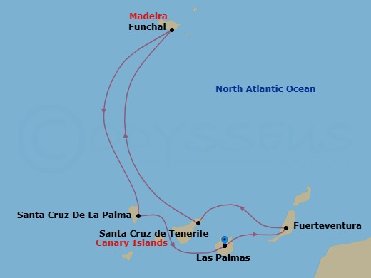 Route map: Las Palmas (Gran Canaria) → Pt Rosario (Fuerteventura) → Santa Cruz (Tenerife) → Funchal (Madeira) → STCRUZ DE LA PALMA → Las Palmas (Gran Canaria)