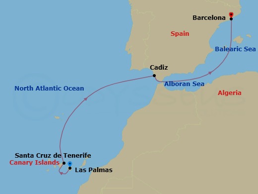 Route map: Las Palmas → Santa Cruz de Tenerife → Cadiz → Barcelona
