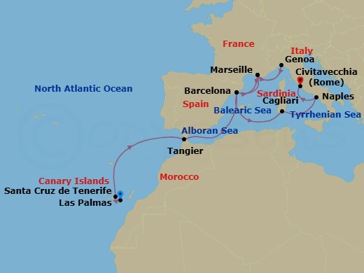Route map: Las Palmas (Gran Canaria) → Santa Cruz (Tenerife) → Tangier → Barcelona → Marseille → Genova (Portofino) → Marseille → Barcelona → Cagliari → Naples