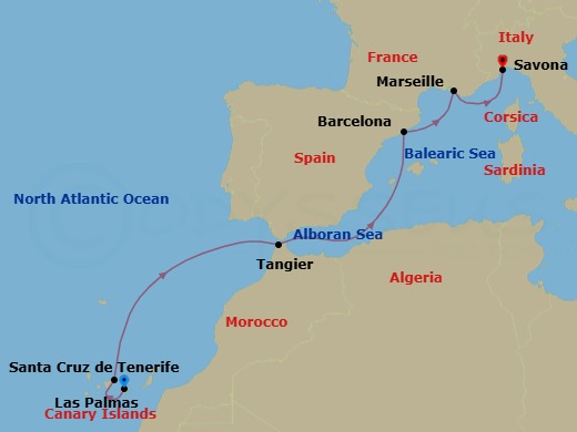 Route map: Las Palmas → Santa Cruz de Tenerife → Tangier (Tetouan) Morocco → Barcelona → Marseille → Savona