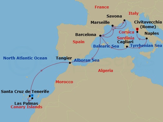 Route map: Las Palmas → Santa Cruz de Tenerife → Tangier (Tetouan) Morocco → Barcelona → Marseille → Savona → Marseille → Barcelona → Cagliari → Naples