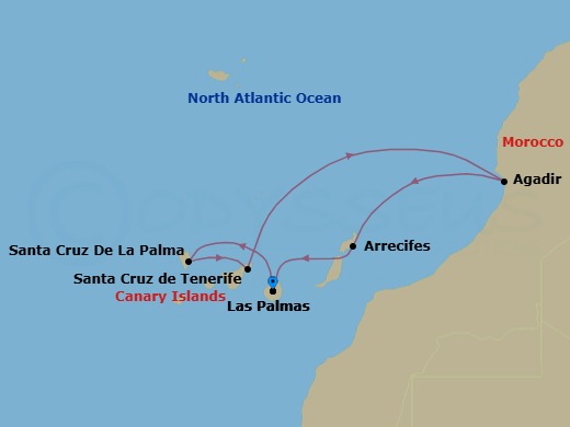 Route map: Las Palmas (Gran Canaria) → STCRUZ DE LA PALMA → Santa Cruz (Tenerife) → Agadir → Arrecife (Lanzarote) → Las Palmas (Gran Canaria)