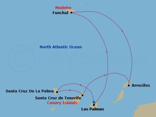 Route map: Las Palmas (Gran Canaria) → STCRUZ DE LA PALMA → Santa Cruz (Tenerife) → Arrecife (Lanzarote) → Funchal (Madeira) → Las Palmas (Gran Canaria)
