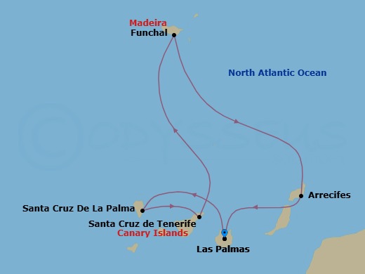 Route map: Las Palmas (Gran Canaria) → STCRUZ DE LA PALMA → Santa Cruz (Tenerife) → Funchal (Madeira) → Arrecife (Lanzarote) → Las Palmas (Gran Canaria)