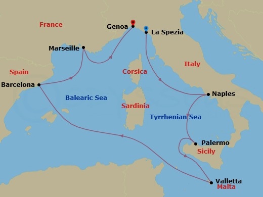Route map: La Spezia (Cinque Terre) Italy → Naples (Pompeii) Italy → Palermo (Monreale) Italy → La Valletta Malta → Barcelona Spain → Marseille (Provence) France → Genoa (Portofino) Italy