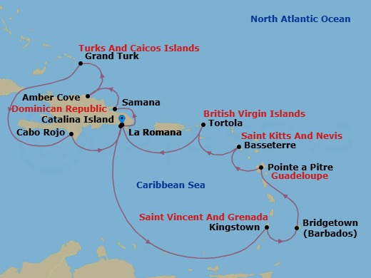 Route map: La Romana → Catalina Island → Arroyo Barril (Samana) → AMBER COVE (REPDOM) → Grand Turks → Cabo Rojo → La Romana → Kingstown (Saint Vincent) → BRIDGETOWN (BARBADOS) → Pointe-a-Pitre