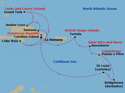 Route map: La Romana → Catalina Island → Arroyo Barril (Samana) → AMBER COVE (REPDOM) → Grand Turks → Cabo Rojo → La Romana → Castries → BRIDGETOWN (BARBADOS) → Pointe-a-Pitre