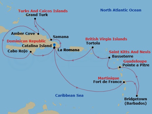 Route map: La Romana → Catalina Island → Arroyo Barril (Samana) → Grand Turks → AMBER COVE (REPDOM) → Cabo Rojo → La Romana → Fort-de-France → BRIDGETOWN (BARBADOS) → Pointe-a-Pitre