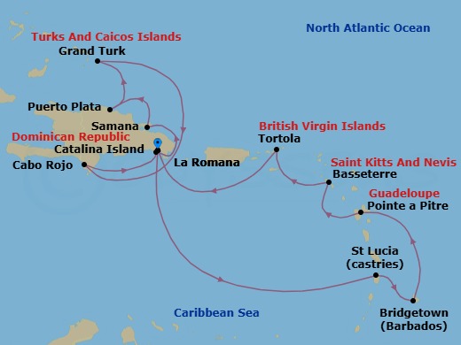 Route map: La Romana → Catalina Island → Arroyo Barril (Samana) → PUERTO PLATA → Grand Turks → Cabo Rojo → La Romana → Castries → BRIDGETOWN (BARBADOS) → Pointe-a-Pitre