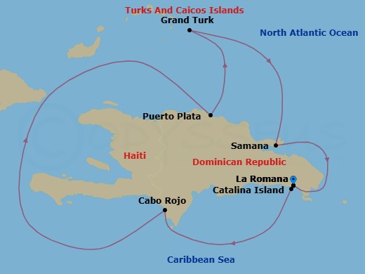 Route map: La Romana → Catalina Island → Cabo Rojo → PUERTO PLATA → Grand Turks → Arroyo Barril (Samana) → La Romana