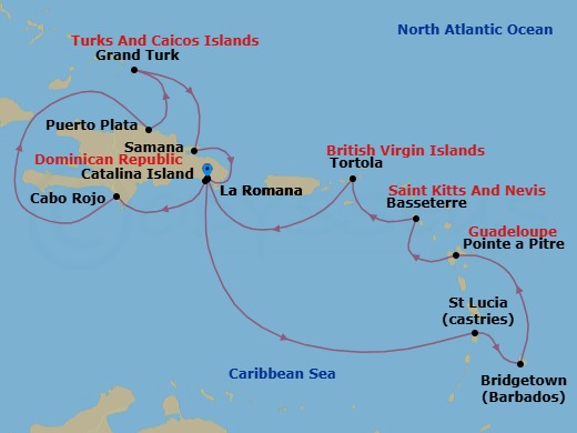 Route map: La Romana → Catalina Island → Cabo Rojo → PUERTO PLATA → Grand Turks → Arroyo Barril (Samana) → La Romana → Castries → BRIDGETOWN (BARBADOS) → Pointe-a-Pitre