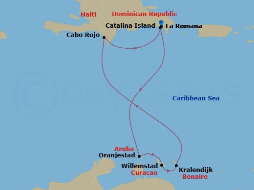 Route map: La Romana → Catalina Island → ARUBA Oranjestad → CURACAO Willemstad → Kralendijk → Cabo Rojo → La Romana