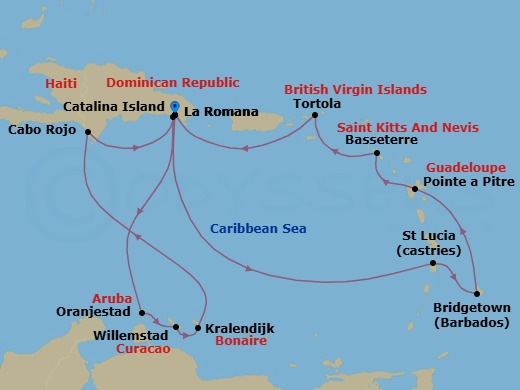 Route map: La Romana → Catalina Island → ARUBA Oranjestad → CURACAO Willemstad → Kralendijk → Cabo Rojo → La Romana → Castries → BRIDGETOWN (BARBADOS) → Pointe-a-Pitre