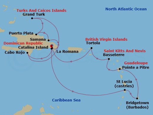 Route map: La Romana → Catalina Island → Cabo Rojo → Grand Turks → PUERTO PLATA → Arroyo Barril (Samana) → La Romana → Castries → BRIDGETOWN (BARBADOS) → Pointe-a-Pitre