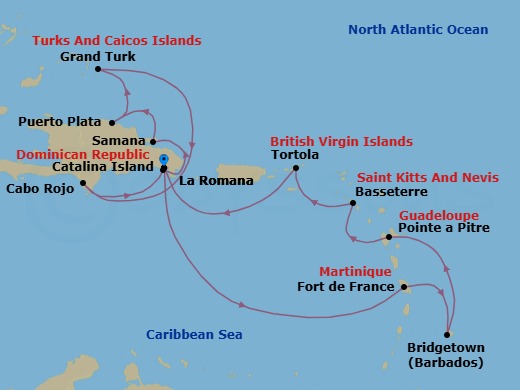 Route map: La Romana → Fort-de-France → BRIDGETOWN (BARBADOS) → Pointe-a-Pitre → Basseterre (Saint Kitts) → Road Habour (Tortola) → La Romana → Catalina Island → Arroyo Barril (Samana) → PUERTO PLATA