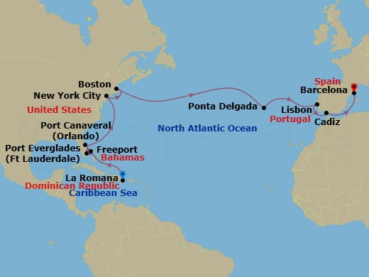 Route map: La Romana → Freeport → Ft Lauderdale (Port Everglades) → Orlando (Port Canaveral) → New York City → Boston → Ponta Delgada → Lisbon → Cadiz → Barcelona