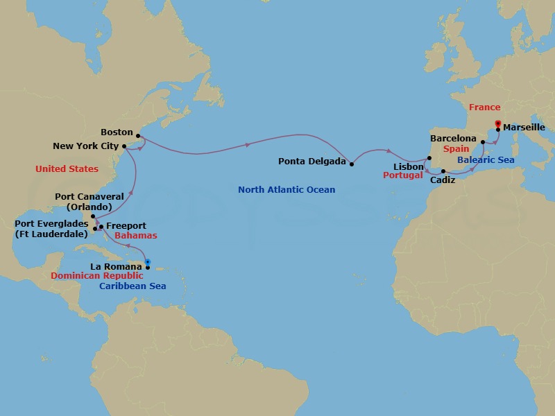 Route map: La Romana → Freeport → Ft Lauderdale (Port Everglades) → Orlando (Port Canaveral) → New York City → Boston → Ponta Delgada → Lisbon → Cadiz → Barcelona