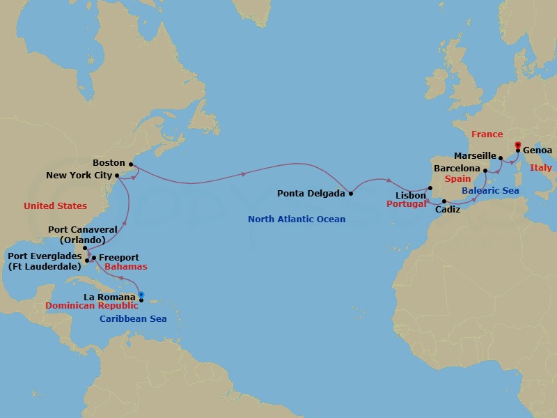 Route map: La Romana → FREEPORT → PORT EVERGLADES → P CANAVERAL → NEW YORK → BOSTON → Ponta Delgada (Azores) → Lisbon → Cadiz → Barcelona