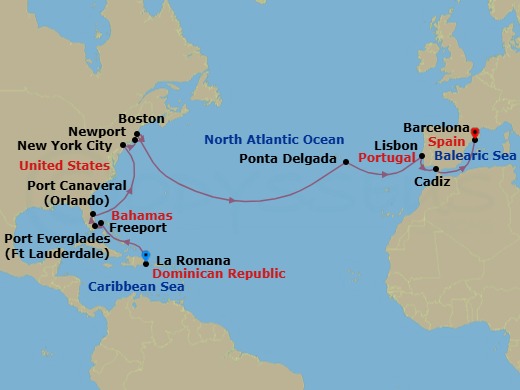 Route map: La Romana → FREEPORT → PORT EVERGLADES → P CANAVERAL → NEW YORK → NEWPORT, RHODE ISLAND → BOSTON → Ponta Delgada (Azores) → Lisbon → Cadiz