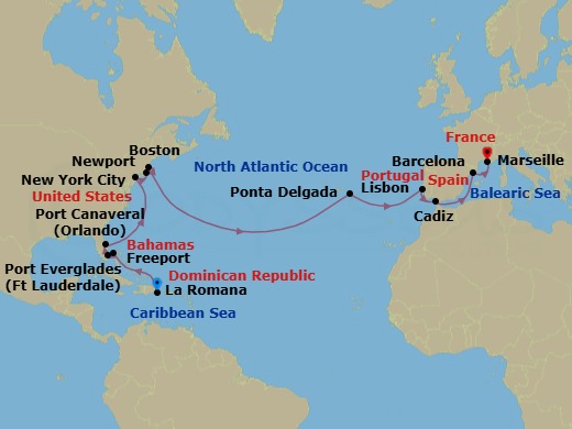 Route map: La Romana → FREEPORT → PORT EVERGLADES → P CANAVERAL → NEW YORK → NEWPORT, RHODE ISLAND → BOSTON → Ponta Delgada (Azores) → Lisbon → Cadiz