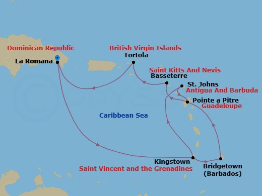 Route map: La Romana → Kingstown (Saint Vincent) → BRIDGETOWN (BARBADOS) → Pointe-a-Pitre → Basseterre (Saint Kitts) → Road Habour (Tortola) → La Romana → Kingstown (Saint Vincent) → St Johns (Antigua) → Pointe-a-Pitre