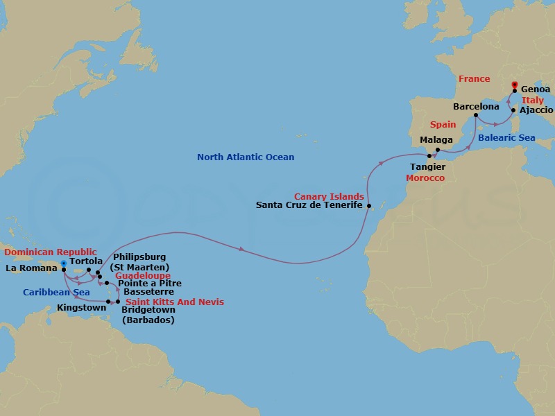 Route map: La Romana → Kingstown (Saint Vincent) → BRIDGETOWN (BARBADOS) → Pointe-a-Pitre → Basseterre (Saint Kitts) → Road Habour (Tortola) → La Romana → Philipsburg → Santa Cruz (Tenerife) → Tangier