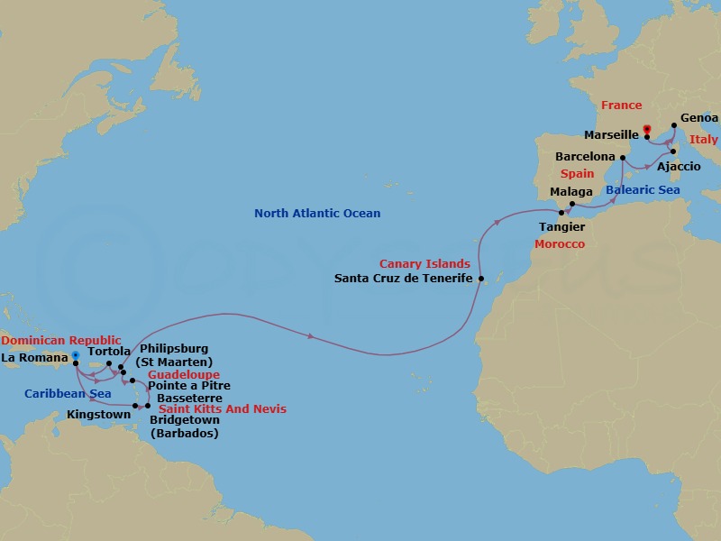 Route map: La Romana → Kingstown (Saint Vincent) → BRIDGETOWN (BARBADOS) → Pointe-a-Pitre → Basseterre (Saint Kitts) → Road Habour (Tortola) → La Romana → Philipsburg → Santa Cruz (Tenerife) → Tangier