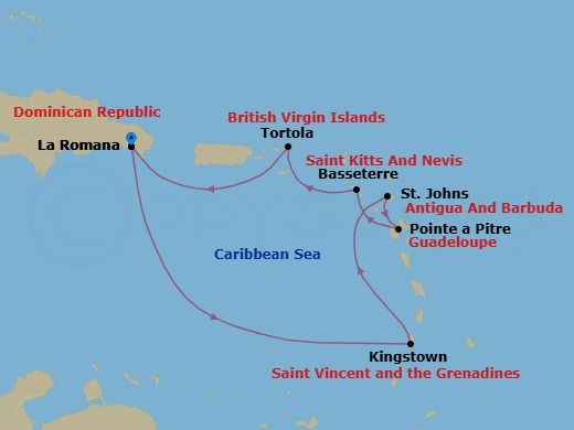 Route map: La Romana → Kingstown (Saint Vincent) → St Johns (Antigua) → Pointe-a-Pitre → Basseterre (Saint Kitts) → Road Habour (Tortola) → La Romana