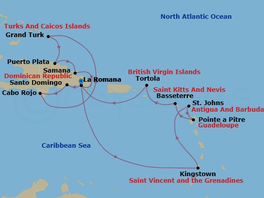 Route map: La Romana → Kingstown (Saint Vincent) → St Johns (Antigua) → Pointe-a-Pitre → Basseterre (Saint Kitts) → Road Habour (Tortola) → La Romana → Santo Domingo → Cabo Rojo → Grand Turks