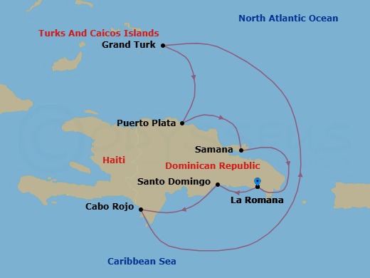 Route map: La Romana → Santo Domingo → Cabo Rojo → Grand Turks → PUERTO PLATA → Arroyo Barril (Samana) → La Romana
